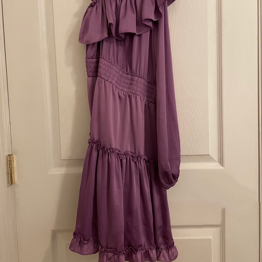 Purple one sleeved mini dress with ruffle details